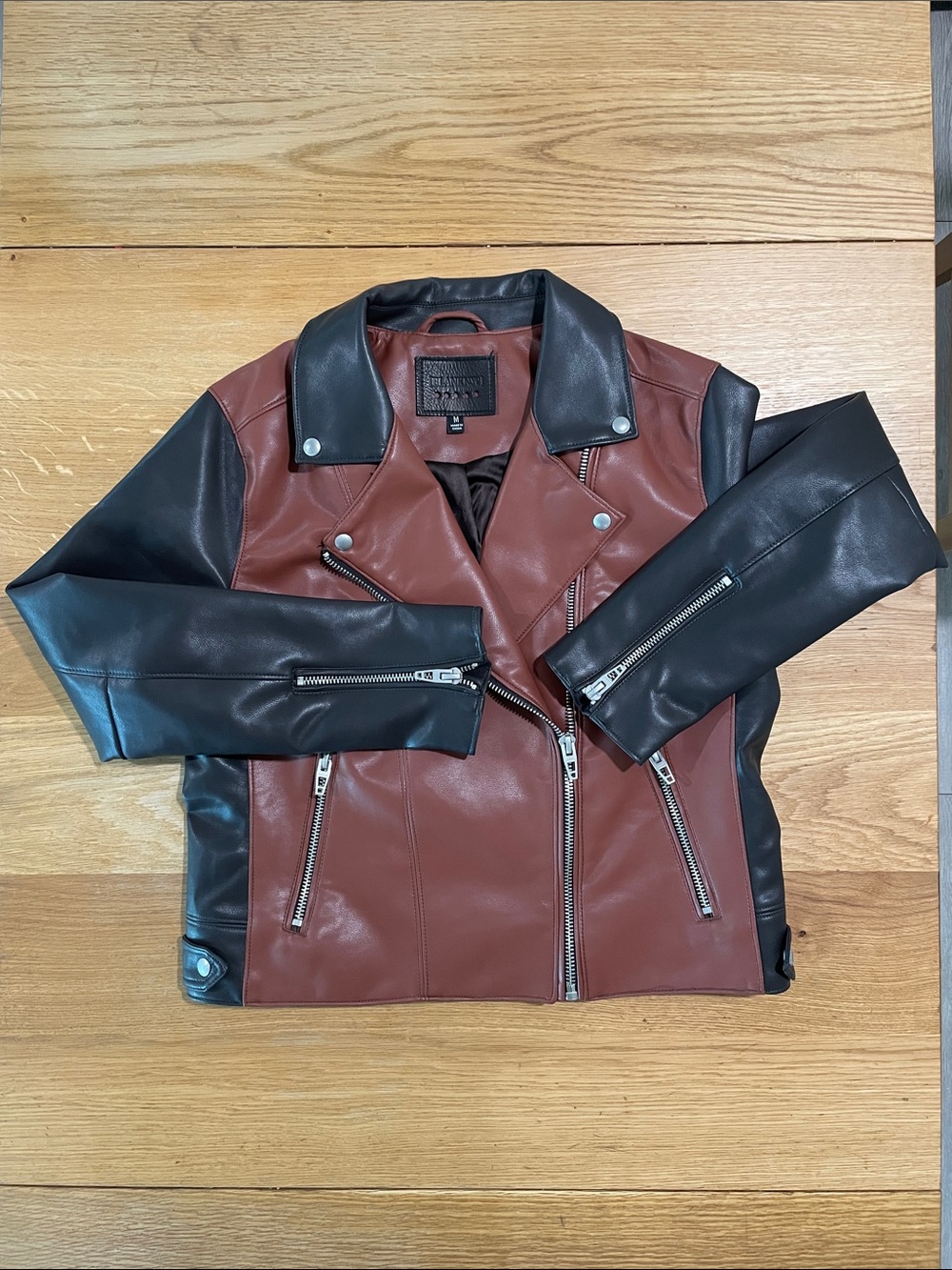NWOT Blank NYC Women’s Faux leather brown and black biker jacket, size medium